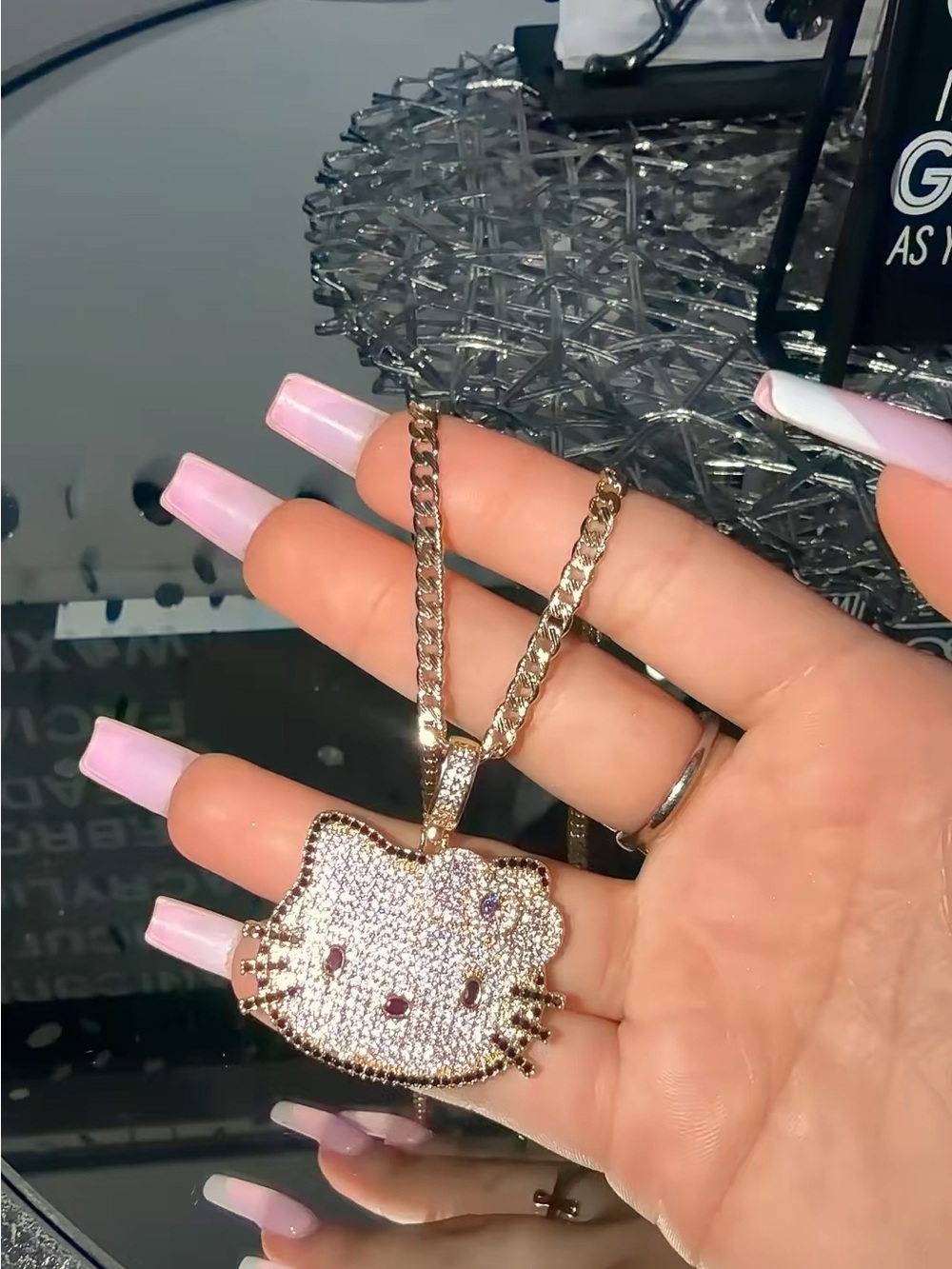 Gold Crystal Kitty Pendant Necklace - Sparkling Pink Accents
